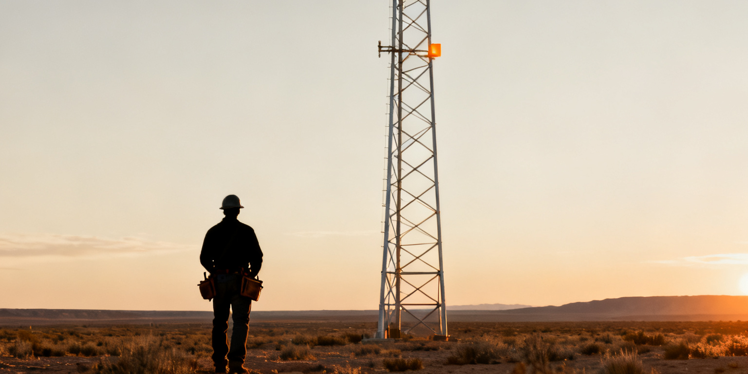 A field technician at the base of a tower at dawn