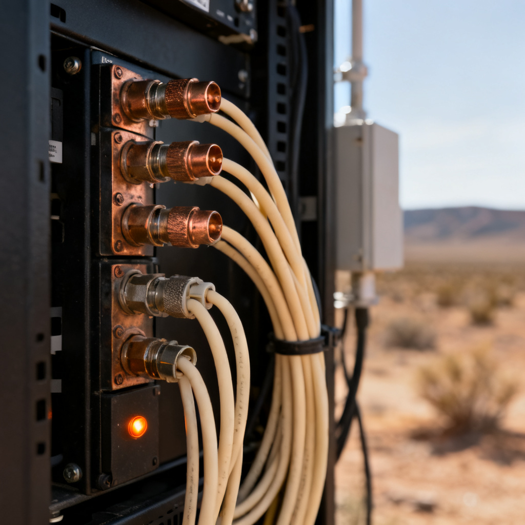 RF and coax connectors on a rack, one amber indicator lit