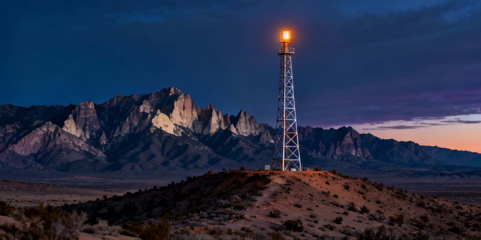 A lattice communications tower with a beacon at dusk before the Organ Mountains