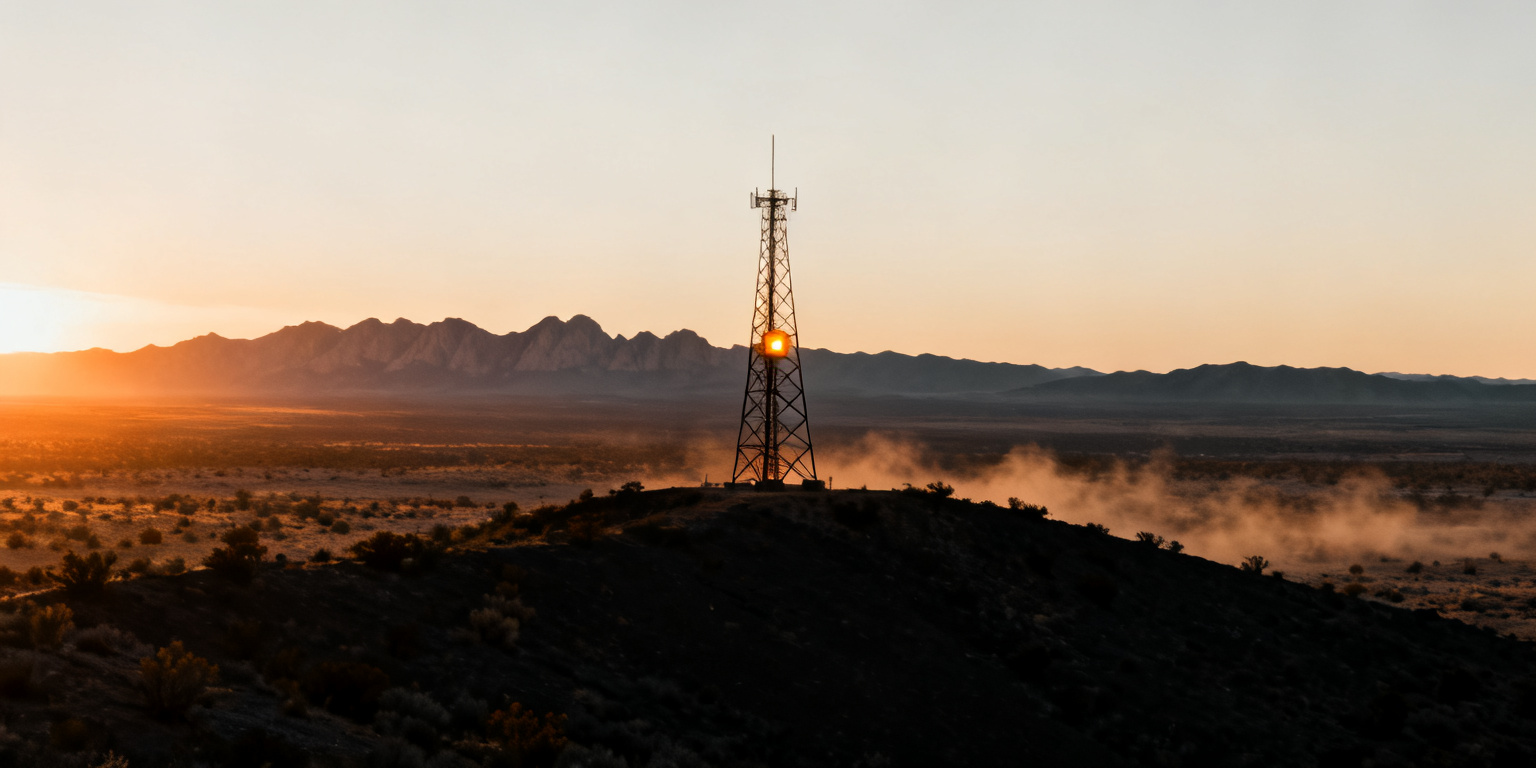 A communications tower on a desert ridge at dawn
