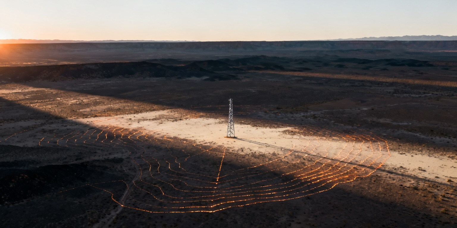 A tower and its coverage contours radiating across the desert